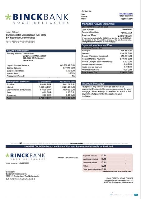 Download Netherlands BinckBank mortgage statement Word and PDF template Photoshop template